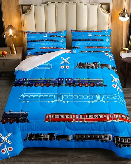 Feelyou Boys Train Twin Size Comforter Set Cartoon Car Toddler Bedding Set for Kids Teens Vintage Car Track Comforter Red Blue Black Decor Quilt Set Room 2Pcs - LeafyLoom