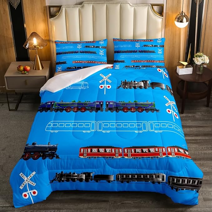 Feelyou Boys Train Twin Size Comforter Set Cartoon Car Toddler Bedding Set for Kids Teens Vintage Car Track Comforter Red Blue Black Decor Quilt Set Room 2Pcs - LeafyLoom