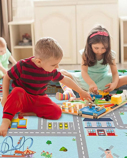 Kids Car Rug,4x6 City Life Traffic Road Playmat for Toy Cars Trains, Non-Slip Race Track Carpet Educational Fun Area Rugs for Boy and Girl Bedroom Nursery - LeafyLoom