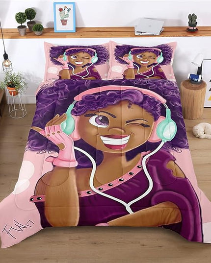 Twin Bedding Sets for Girls, Cute African American Black Girl Magic Comforter Set, Pink Bed Set for Toddler Kids Teenager, Gift for Little Girls Bedroom Decor, 1 Comforter with 2 Pillowcases - LeafyLoom