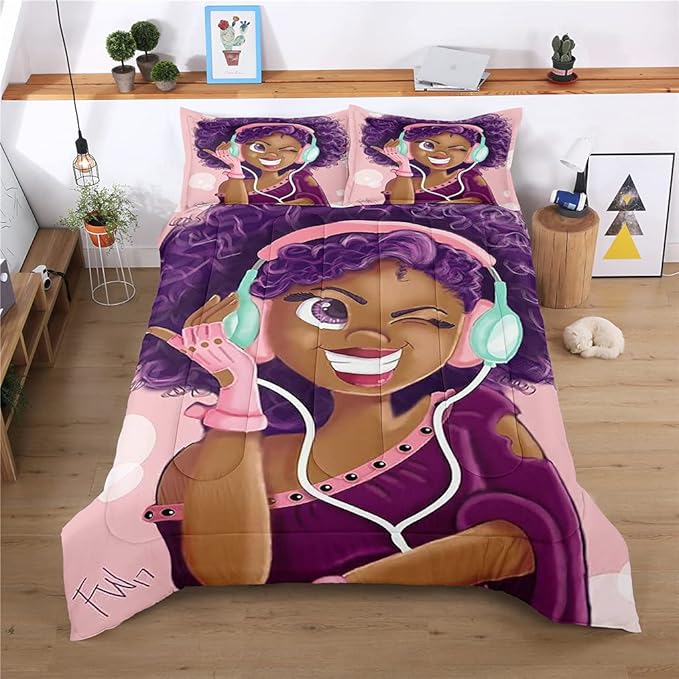 Twin Bedding Sets for Girls, Cute African American Black Girl Magic Comforter Set, Pink Bed Set for Toddler Kids Teenager, Gift for Little Girls Bedroom Decor, 1 Comforter with 2 Pillowcases - LeafyLoom