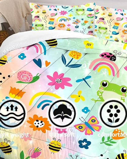 Rainbow Comforter Sets Twin Size Cartoon Floral Frogs Bedding Set for Girls Kids Children Boys Butterfly Flowers Bees Insects Cute Kawaii Quilt 1 Comforter + 1 Pillow Case - LeafyLoom