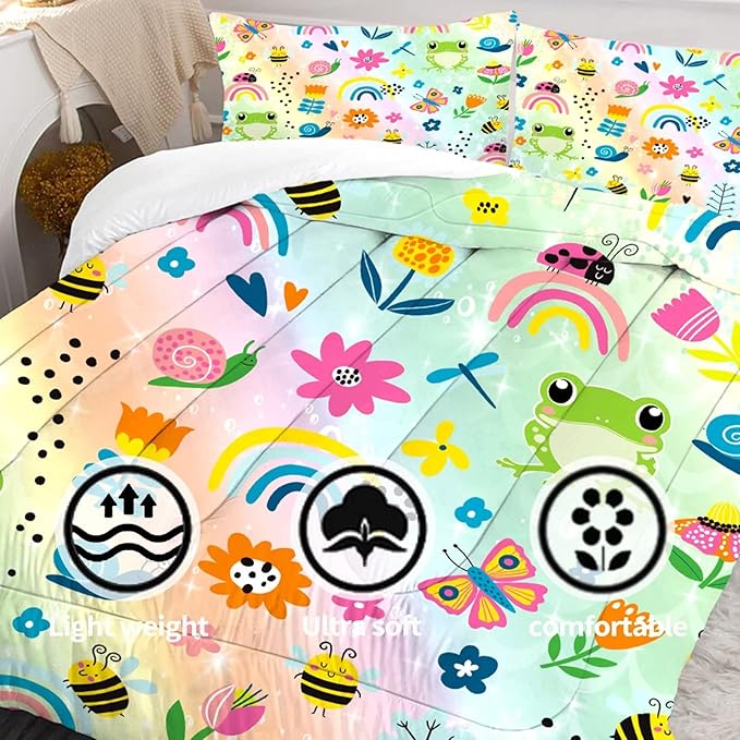 Rainbow Comforter Sets Twin Size Cartoon Floral Frogs Bedding Set for Girls Kids Children Boys Butterfly Flowers Bees Insects Cute Kawaii Quilt 1 Comforter + 1 Pillow Case - LeafyLoom