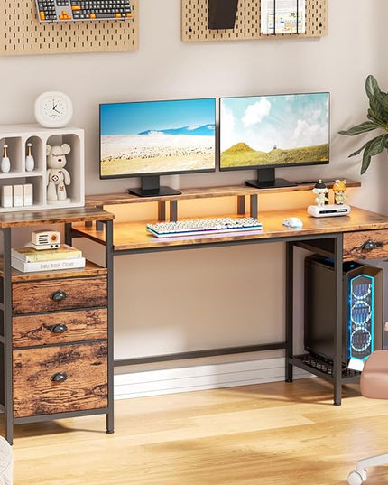 Furologee Computer Desk with Drawers, 60" Office Long Desk with Fabric File Cabinet and Power Outlets, Gaming Desk with LED Lights, Study Writing Work Desk for Home Office, Rustic Brown - LeafyLoom