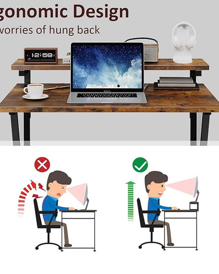 COTUBLR Small Desk, 27.5 Inch Small Computer Desk for Small Spaces, Computer Desk with Adjustable Monitor Stand, Compact Desk with Storage, Tiny Desk Study Desk for Bedroom Home Office, Rustic Brown - LeafyLoom