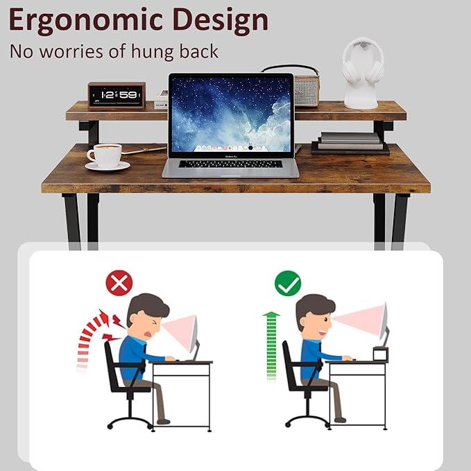 COTUBLR Small Desk, 27.5 Inch Small Computer Desk for Small Spaces, Computer Desk with Adjustable Monitor Stand, Compact Desk with Storage, Tiny Desk Study Desk for Bedroom Home Office, Rustic Brown - LeafyLoom
