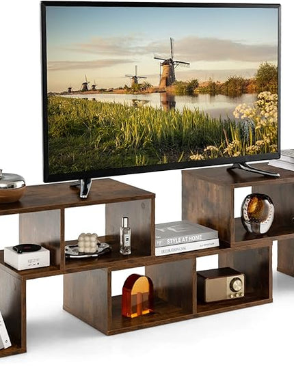 BUSHLY 3 Pieces Console TV Stand, Modern Multimedia Furniture for 50 55 60 65 Inch Flat Screen TV, DIY Open Storage Bookcase Shelf for Storage and Display, Suitable for Living Room Bedroom (Brown) - LeafyLoom