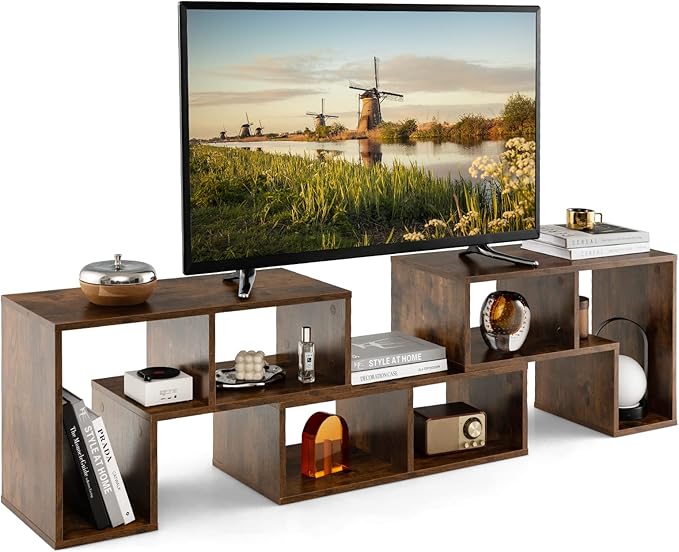 BUSHLY 3 Pieces Console TV Stand, Modern Multimedia Furniture for 50 55 60 65 Inch Flat Screen TV, DIY Open Storage Bookcase Shelf for Storage and Display, Suitable for Living Room Bedroom (Brown) - LeafyLoom