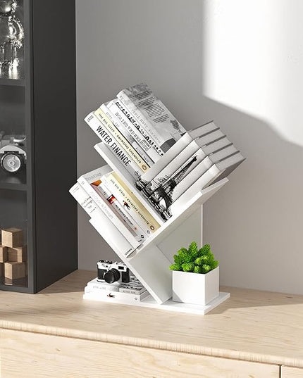 3 Tier Small Tree Bookshelf Storage Organizer Shelves Floor Standing Bookcase Desk Wood Storage Rack for Home Office Living Room Bedroom Display for Book Magazine CD manga Warm White - LeafyLoom