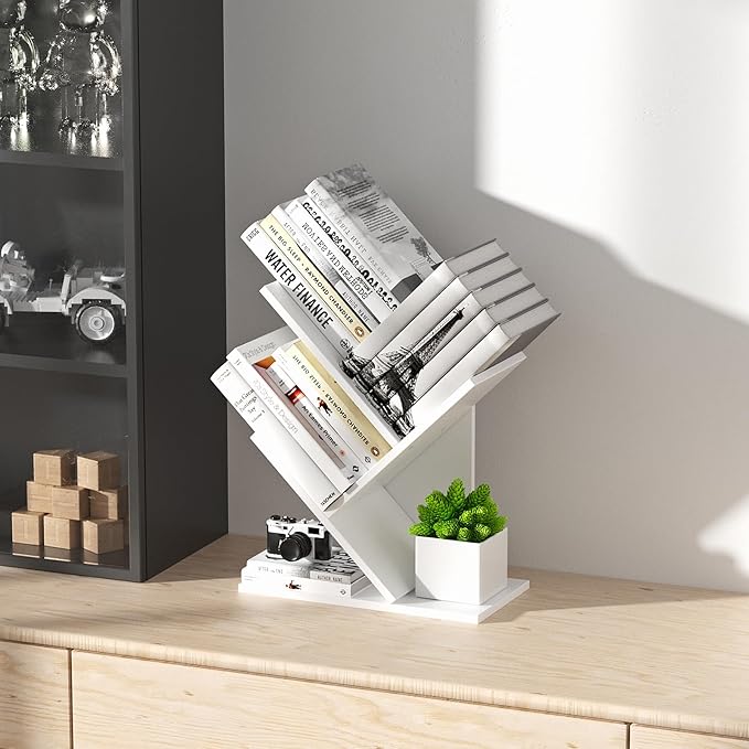 3 Tier Small Tree Bookshelf Storage Organizer Shelves Floor Standing Bookcase Desk Wood Storage Rack for Home Office Living Room Bedroom Display for Book Magazine CD manga Warm White - LeafyLoom