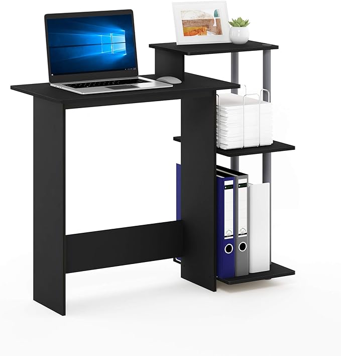 Furinno Efficient Home Laptop Notebook Computer Desk with Square Shelves, Black/Grey - LeafyLoom