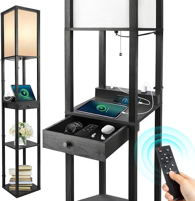 OUTON Dimmable Floor Lamp with Shelves, 1 Drawer, 2 USB-C Ports, 2 AC Outlets, LED Modern Floor Lamp with 3 Color Temperature, Storage Display Wood Standing Lamp for Living Room, Bedroom (Matte Black) - LeafyLoom