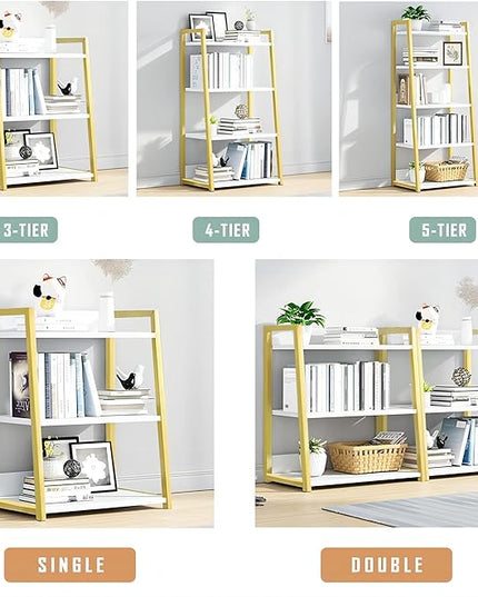 IOTXY 3 Tier Open Bookshelf - Steel and Wood Display Stand, 50CM Width Floor-Standing Bookcase, Gold - LeafyLoom
