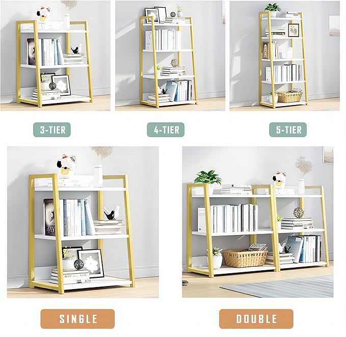 IOTXY 3 Tier Open Bookshelf - Steel and Wood Display Stand, 50CM Width Floor-Standing Bookcase, Gold - LeafyLoom