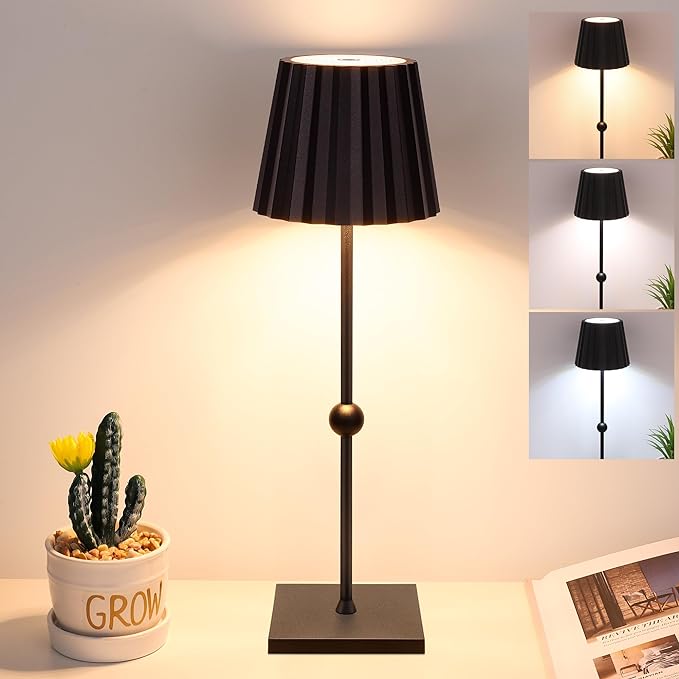 GGOYING Cordless Table Lamp,5200mAh Battery Operated Rechargeable LED Desk Lamp 3 Color Stepless Dimming, Minimalist Portable Night Light(Black) - LeafyLoom