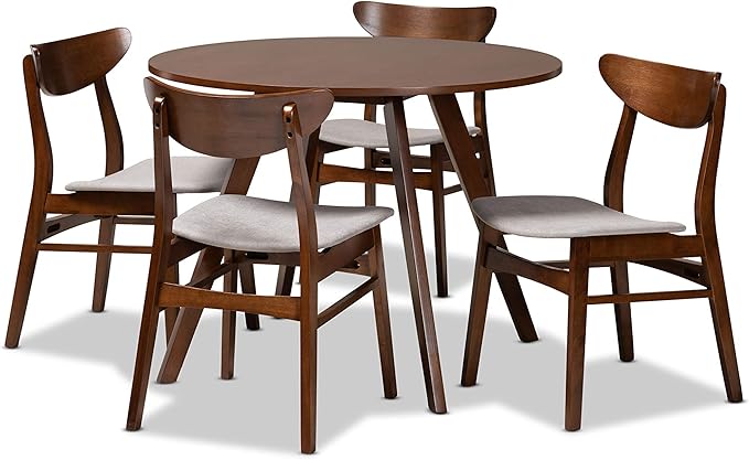 Baxton Studio Philip Mid-Century Modern Transitional Light Grey Fabric Upholstered and Walnut Brown Finished Wood 5-Piece Dining Set - LeafyLoom