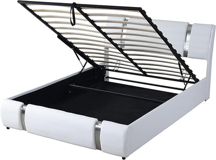 Modern Queen Size Upholstered Faux Leather Platform Bed with a Hydraulic Storage System, Metal Strips Headboard and Footboard, No Box Spring Needed, Sturdy Slat Support, Easy to Assemble - LeafyLoom