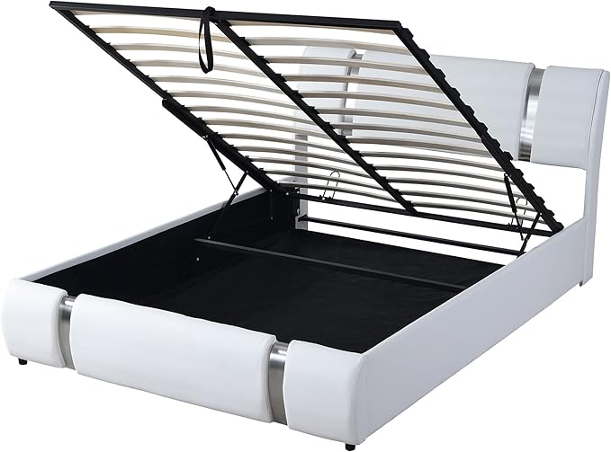 Modern Queen Size Upholstered Faux Leather Platform Bed with a Hydraulic Storage System, Metal Strips Headboard and Footboard, No Box Spring Needed, Sturdy Slat Support, Easy to Assemble - LeafyLoom