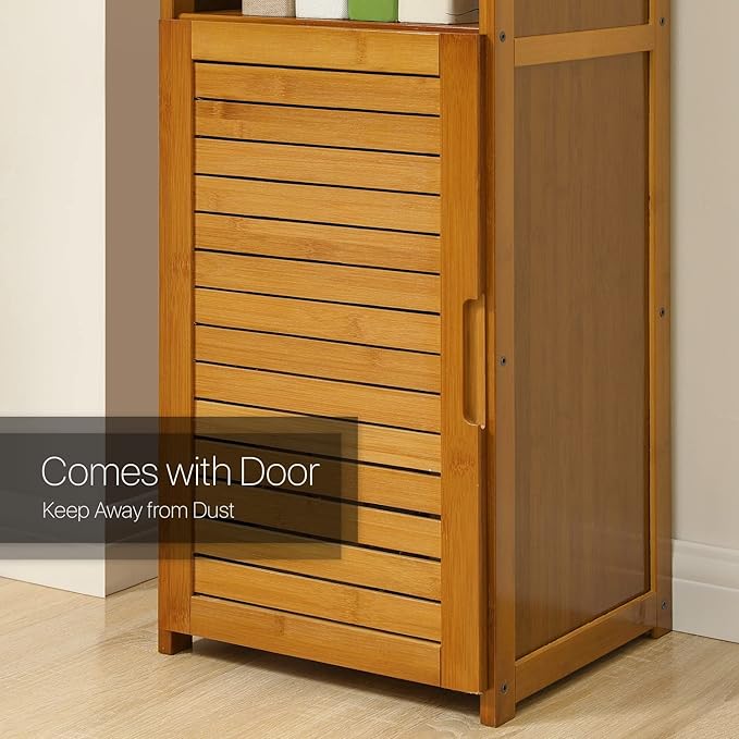 MoNiBloom 5 Tiers Bookshelf Bookcase with Door, Bamboo Narrow Freestanding Cabinet Kitchen Shelf Cupboard Storage Organizer for Home Living Room, Brown - LeafyLoom