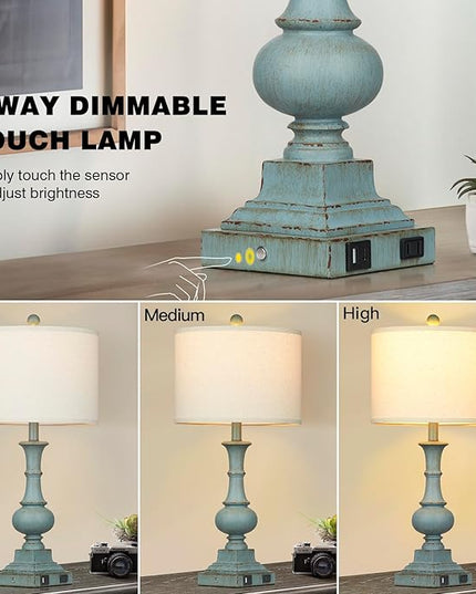 Farmhouse Table Lamps Set of 2, Rustic Touch Control Bedside Lamps with 2 USB Ports & AC Outlet, Vintage Resin 3-Way Dimmable Nightstand Lamp Linen Fabric Shade for Living Room Bedroom Decor Blue - LeafyLoom