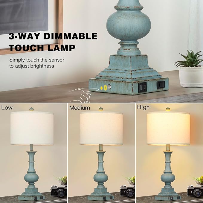 Farmhouse Table Lamps Set of 2, Rustic Touch Control Bedside Lamps with 2 USB Ports & AC Outlet, Vintage Resin 3-Way Dimmable Nightstand Lamp Linen Fabric Shade for Living Room Bedroom Decor Blue - LeafyLoom