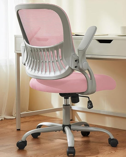 Sweetcrispy Office Computer Desk Chair, Ergonomic Mid-Back Mesh Rolling Work Swivel Task Chairs with Wheels, Comfortable Lumbar Support, Comfy Flip-up Arms for Home, Bedroom, Study, Student, Pink - LeafyLoom