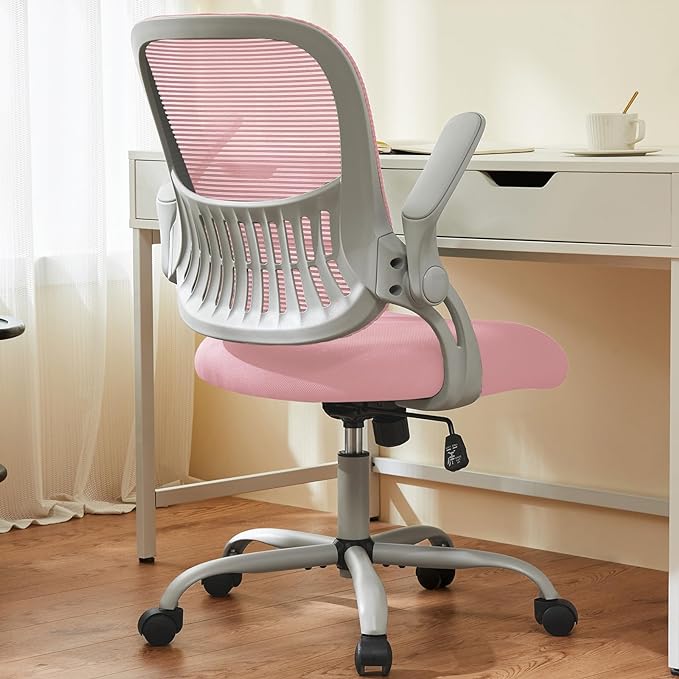 Sweetcrispy Office Computer Desk Chair, Ergonomic Mid-Back Mesh Rolling Work Swivel Task Chairs with Wheels, Comfortable Lumbar Support, Comfy Flip-up Arms for Home, Bedroom, Study, Student, Pink - LeafyLoom