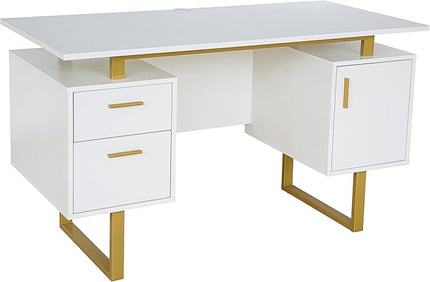 Techni Mobili Storage Drawers and Cabinet 51.25” W-Modern Office Large Floating Desktop Surface Desk, 23.6" D x 51.2" W x 29.8" H, White/Gold - LeafyLoom