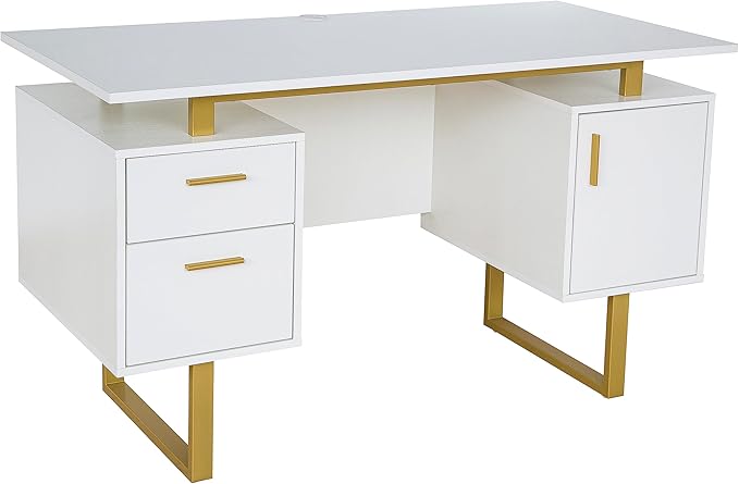 Techni Mobili Storage Drawers and Cabinet 51.25” W-Modern Office Large Floating Desktop Surface Desk, 23.6" D x 51.2" W x 29.8" H, White/Gold - LeafyLoom