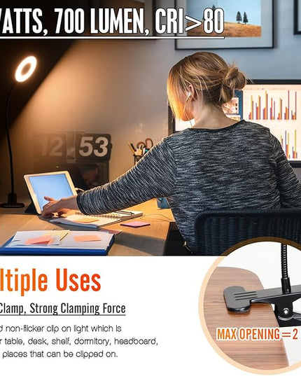 Clamp on Lamp, Desk Lamps, 8W Clip Light, Warm & Daylight & White Light 3 Colors, 10 Dimmable Illumination Modes (Black) - LeafyLoom