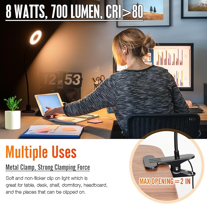 Clamp on Lamp, Desk Lamps, 8W Clip Light, Warm & Daylight & White Light 3 Colors, 10 Dimmable Illumination Modes (Black) - LeafyLoom