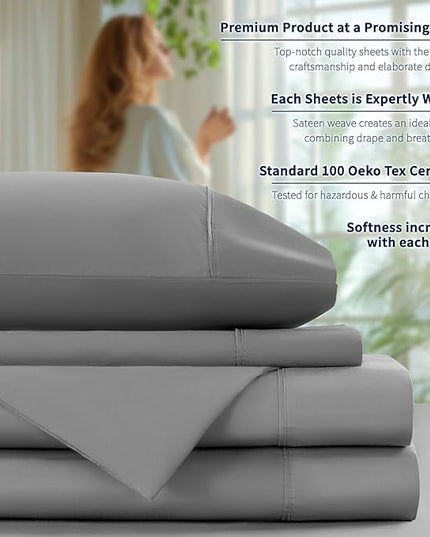Shilucheng 100% Cotton Sheets Set - 600 Thread Count，Luxury Egyptian Cotton Bed Sheets，5-Star Hotel Quality Sheets, Breathable & Cooling, 16 Inch Deep Pocket - 4 Piece (Grey, California King) - LeafyLoom