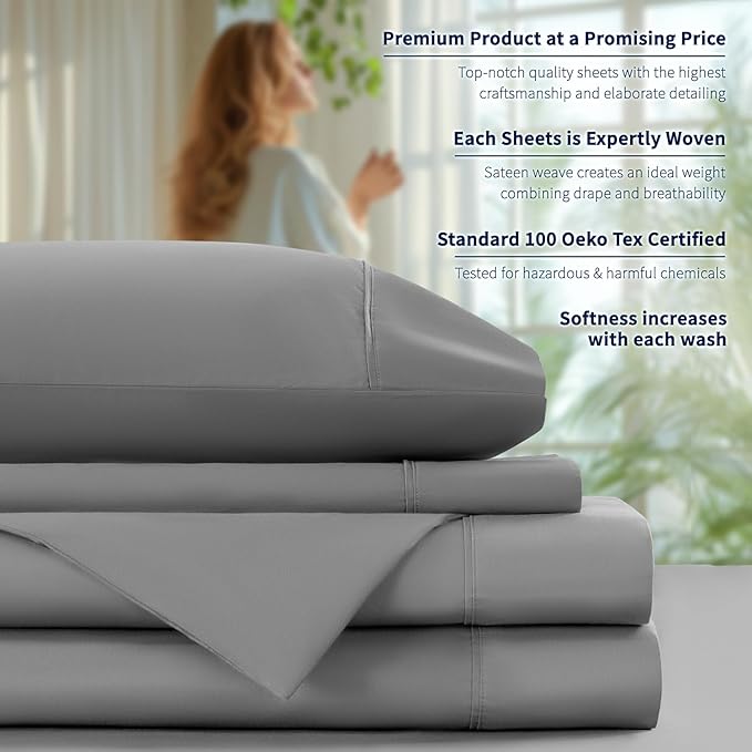 Shilucheng 100% Cotton King Size Sheets Set - 600 Thread Count，Luxury Egyptian Cotton Bed Sheets，5-Star Hotel Quality Sheets, Breathable & Cooling, 16 Inch Deep Pocket - 4 Piece (Grey, King) - LeafyLoom