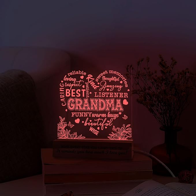 Grandma Gifts from Grandkids, Grandma Night Light, to My Grandma Lamp, Mothers Day Birthday Christmas Gifts for Grandma, Grandmother, Lamp with Wooden Base for Women, Gifts Bedroom Décor - LeafyLoom