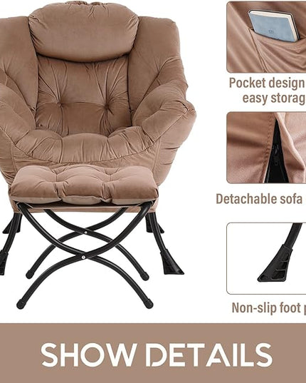 LITA Lazy Chair with Ottoman, Modern Accent Leisure Upholstered Sofa Chair, Contemporary Lounge Reading Chair with Armrests and a Side Pocket for Living Room, Bedroom & Small Space, Dark Brown - LeafyLoom
