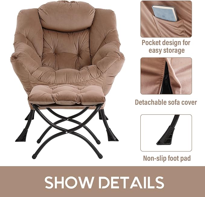 LITA Lazy Chair with Ottoman, Modern Accent Leisure Upholstered Sofa Chair, Contemporary Lounge Reading Chair with Armrests and a Side Pocket for Living Room, Bedroom & Small Space, Dark Brown - LeafyLoom