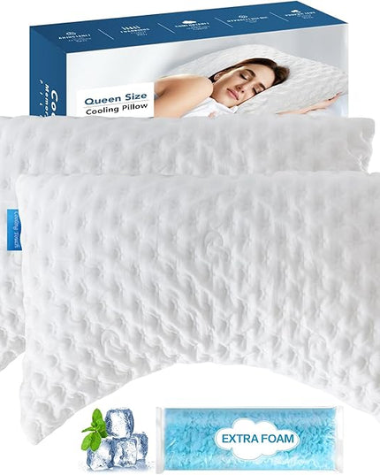 Cooling Side Sleeper Pillow for Neck and Shoulder Pain, Adjustable Shredded Memory Foam Bed Pillows for Sleeping,Ergonomic Curved Pillow with Extra Foam,Queen Size Set of 2, Washable Cover - LeafyLoom