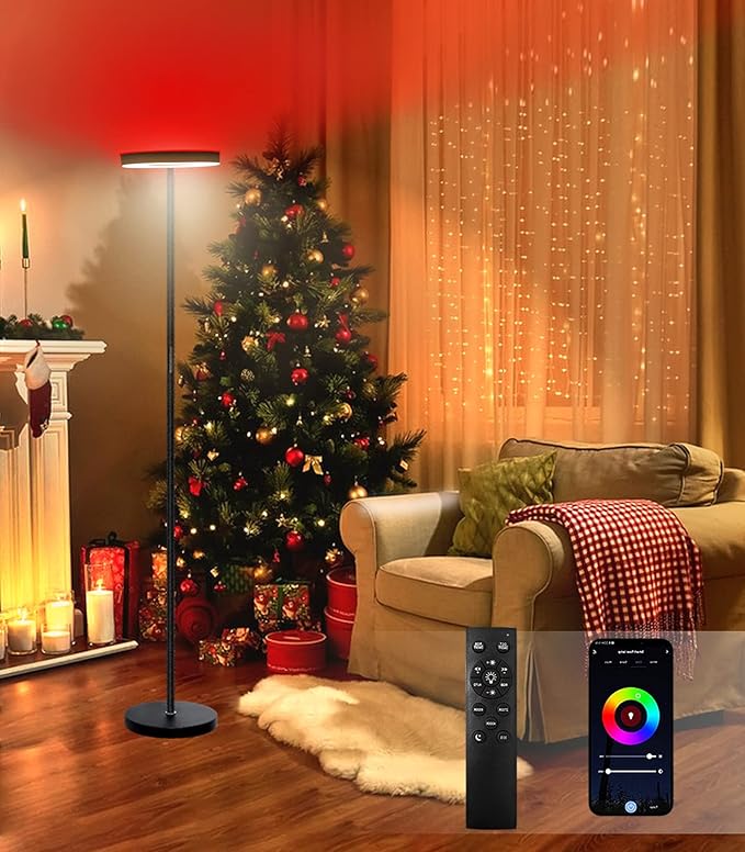 Ovesnty Floor Lamp, Double Sided Lighting LED Modern Floor Lamps, Color Changing & Dimmable Tall Standing Light with Remote Smart App Bright Corner Floor Lamp for Living Room Bedroom Office - LeafyLoom