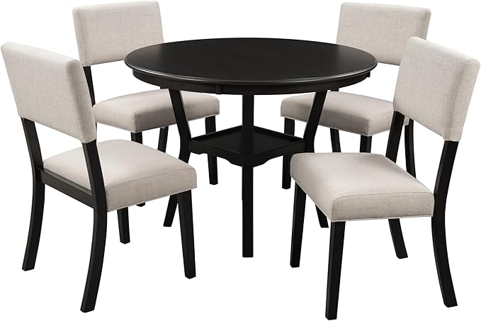 5-Piece Dinette Sets includes Round Kitchen Dining Table with Bottom Shelf, 4 Upholstered Chairs, for Diningroom Living Room, Easy to Assemble, Espresso 3 - LeafyLoom