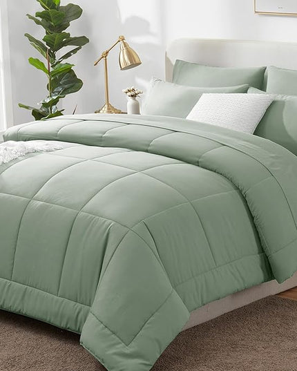 CozyLux King Size Comforter Sets - 7 Pieces Bed in a Bag Set Sage Green, Bedding Sets King with All Season Quilted Comforter, Flat Sheet, Fitted Sheet, Pillowcases, Sage Green, King - LeafyLoom
