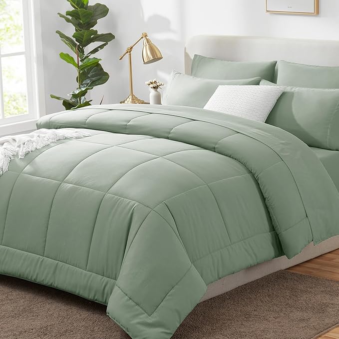 CozyLux King Size Comforter Sets - 7 Pieces Bed in a Bag Set Sage Green, Bedding Sets King with All Season Quilted Comforter, Flat Sheet, Fitted Sheet, Pillowcases, Sage Green, King - LeafyLoom
