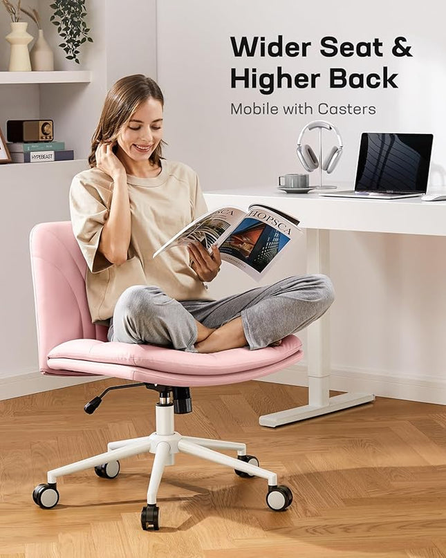 Marsail Armless-Office Desk Chair with Wheels: PU Leather Cross Legged Wide Chair,Comfortable Adjustable Swivel Computer Task Chairs for Home,Office,Make Up,Small Space,Bed Room, Pink - LeafyLoom