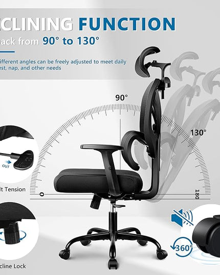 Office Chair Ergonomic Desk Chair Comfy Computer Chair, Big and Tall Home Office Chair with Back Support, Mesh Office Chair High Back Gaming Chair with Adjustable Armrest (Black) - LeafyLoom