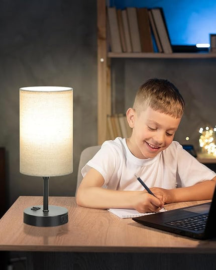 GGOYING Bedside Table Lamp,3-Way Dimmable Bedside Lamps 2700K 3500K 5000K with AC Outlet,Beige Cylindrical Lampshade for Livingroom Office Reading Working Kid - LeafyLoom