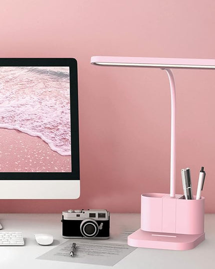 AXX Pink Desk Lamp for Home Office, Cute Desk Lamps for Bedrooms, Kawaii, Dimmable LED, Flexible Gooseneck, Pen Holder, Touch Control, Room College Dorm Essentials for Teen Girls Kids - LeafyLoom