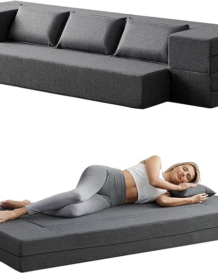 Convertible Folding Sofa - Modern Linen Fabric Coffee Table, Foldable Floor & Futon Couch, Space-Saving Chair with Pillow for Living Room/Dorm/Guest Room/Home Office/Apartment,Twin XL,Dark Gray - LeafyLoom