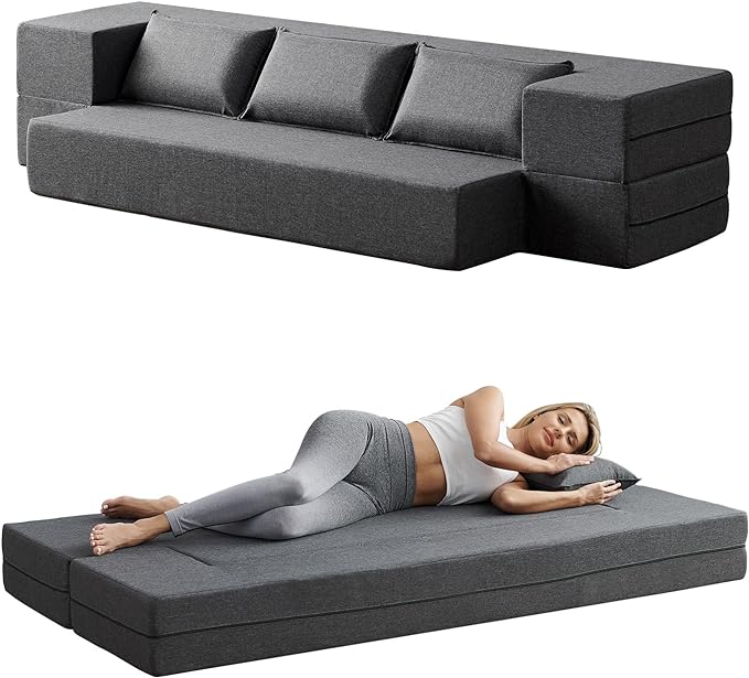Convertible Folding Sofa - Modern Linen Fabric Coffee Table, Foldable Floor & Futon Couch, Space-Saving Chair with Pillow for Living Room/Dorm/Guest Room/Home Office/Apartment,Twin XL,Dark Gray - LeafyLoom