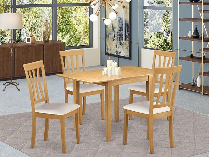 East West Furniture NDAN5-OAK-LC Norden 5 Piece Set Includes a Rectangle Dining Room Table with Dropleaf and 4 Faux Leather Upholstered Kitchen Chairs, 30x48 Inch, Oak - LeafyLoom