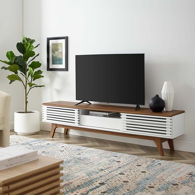 Modway Render Mid-Century Modern Low Profile 70 Inch TV Stand in Walnut White, 70" - LeafyLoom