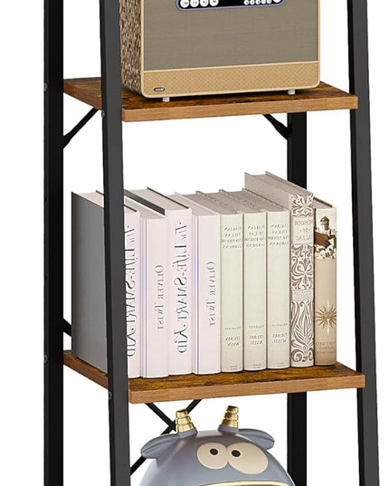 Ladder Shelf, Bookshelf Bookcase, Freestanding Corner Storage Shelve with 2 Hooks for Home Office, Living Room, Kitchen, Bedroom, Industrial, 4-Tier Rustic Brown BC13201B - LeafyLoom